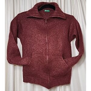 VTG Benetton WOOL ALPACA Zip SWEATER *Holes Plum Burgundy AUBERGINE Pocket Italy